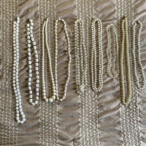 Lot of 9 White, Clear Beaded Costume Jewelry Necklaces